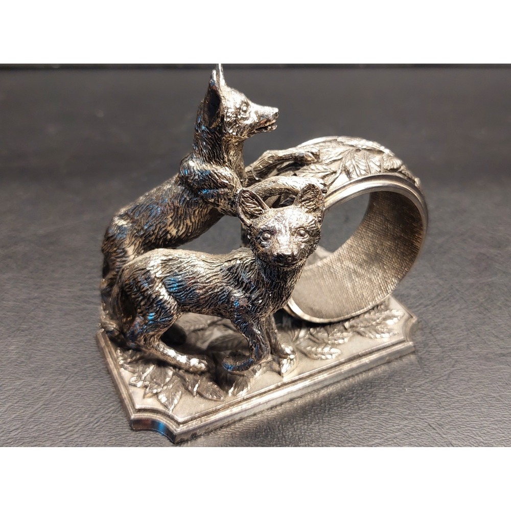Vintage 1977 Franklin Mint Animals At Play Napkin Ring Silver Plate Fox Cubs